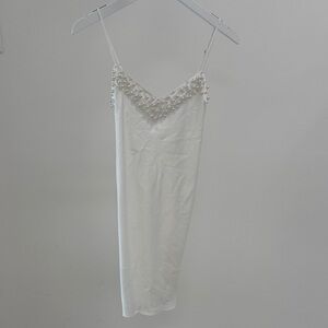 Pearl-Embellished White Satin Chemise Slip